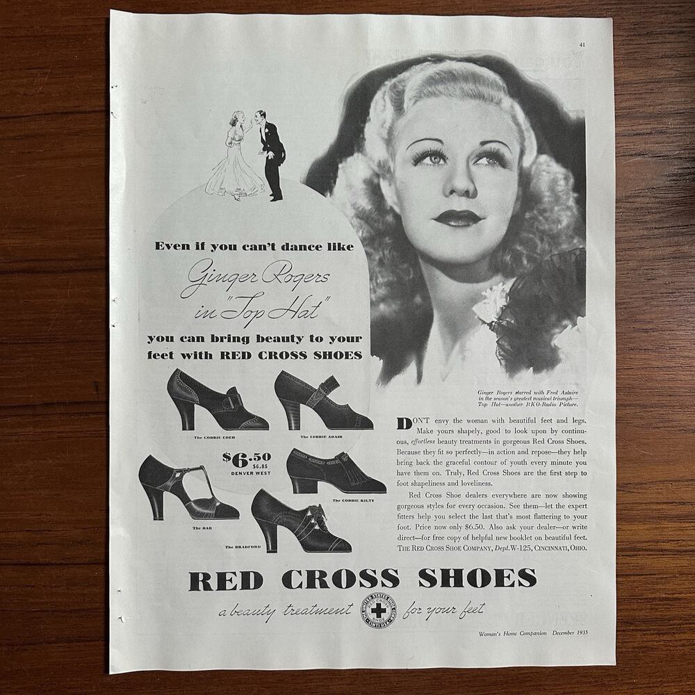1935 Ad Ginger Rogers Red Cross Shoes Movie Ad "Top Hat"